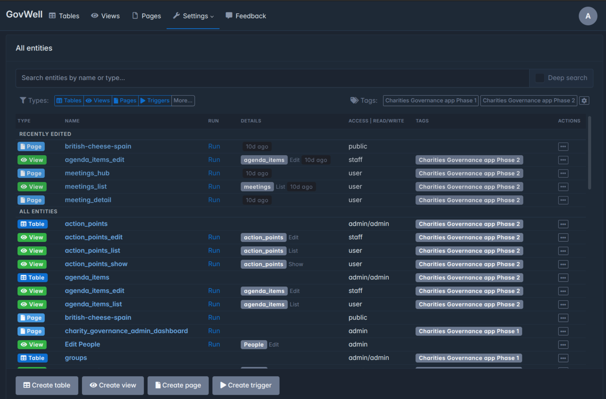 Saltcorn's entities list, showing a structured set of related tables