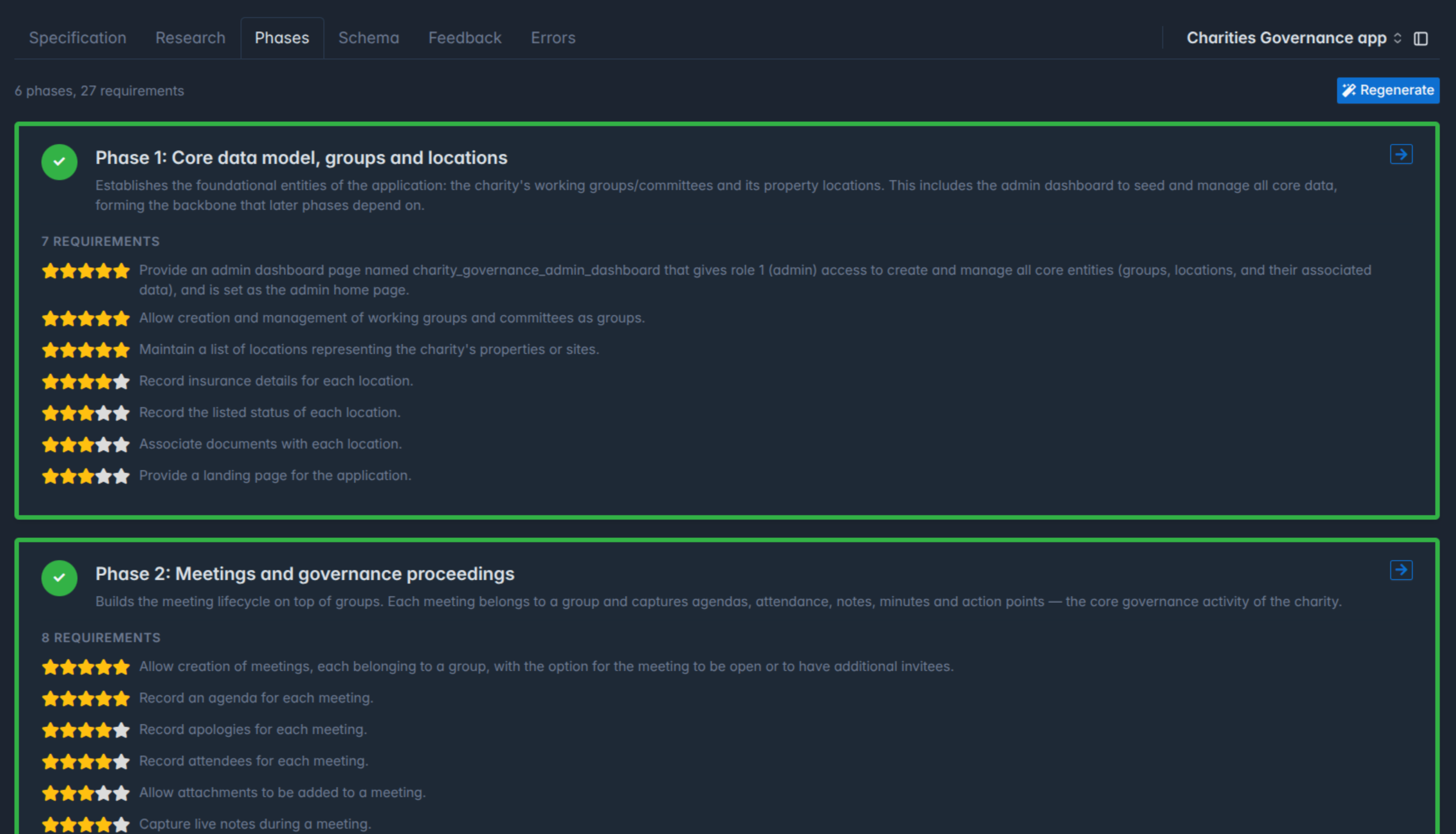 The App Constructor Phases tab: numbered phases, each with a list of requirements scored one to five stars, and a specification / research / phases / schema / feedback / errors tab strip