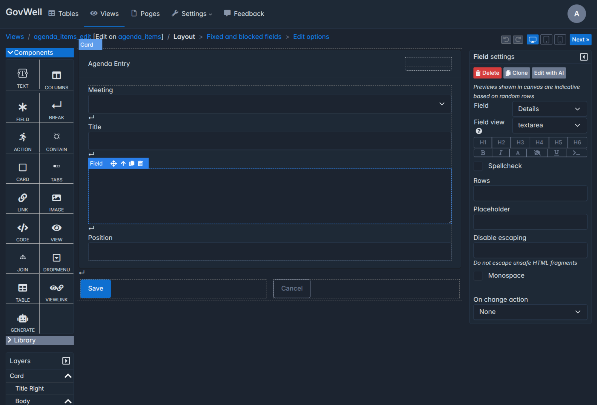 The Saltcorn drag-and-drop builder editing a view