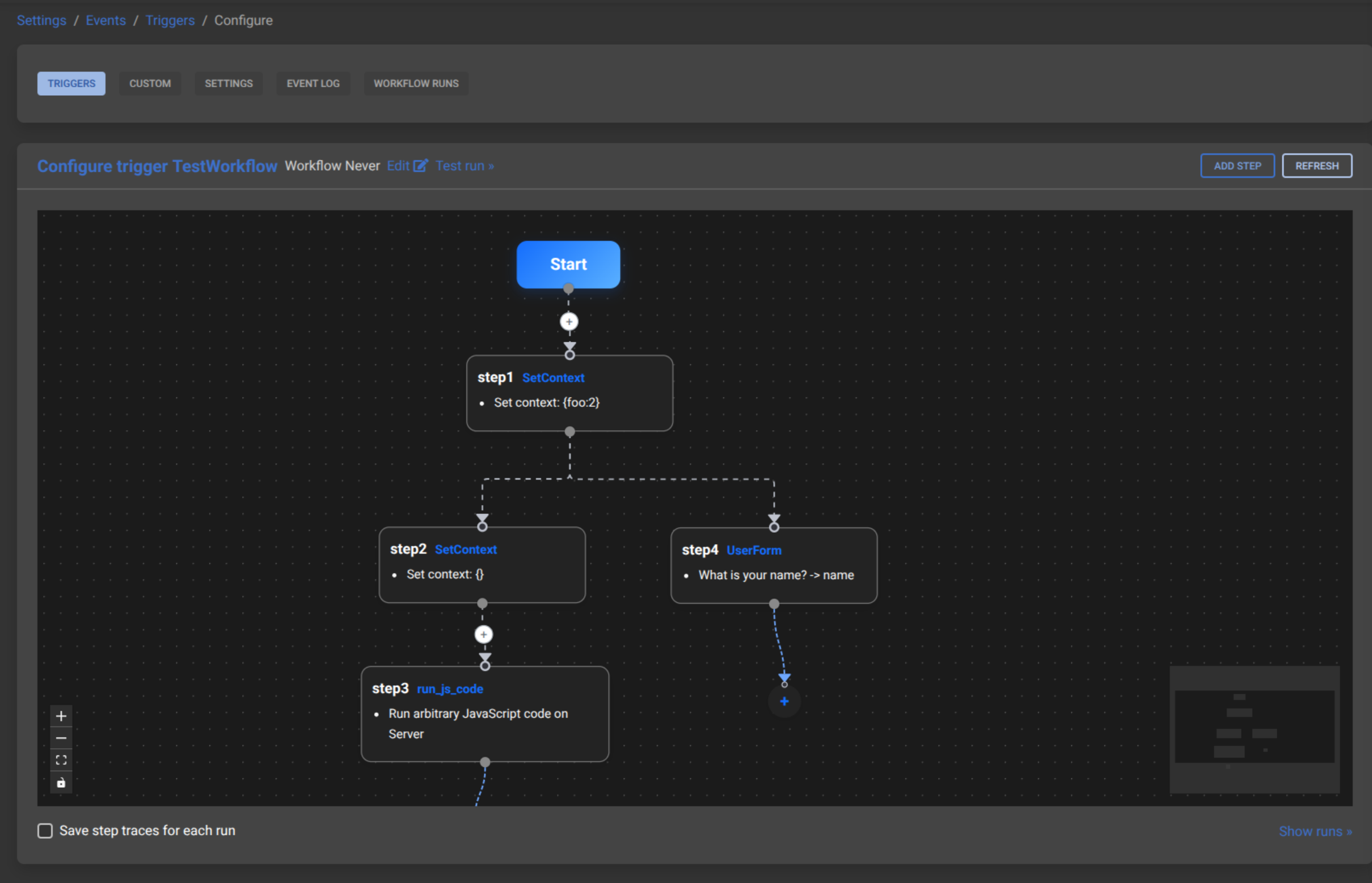 The Saltcorn workflow editor canvas: a Start node flowing into named steps that branch across the plane