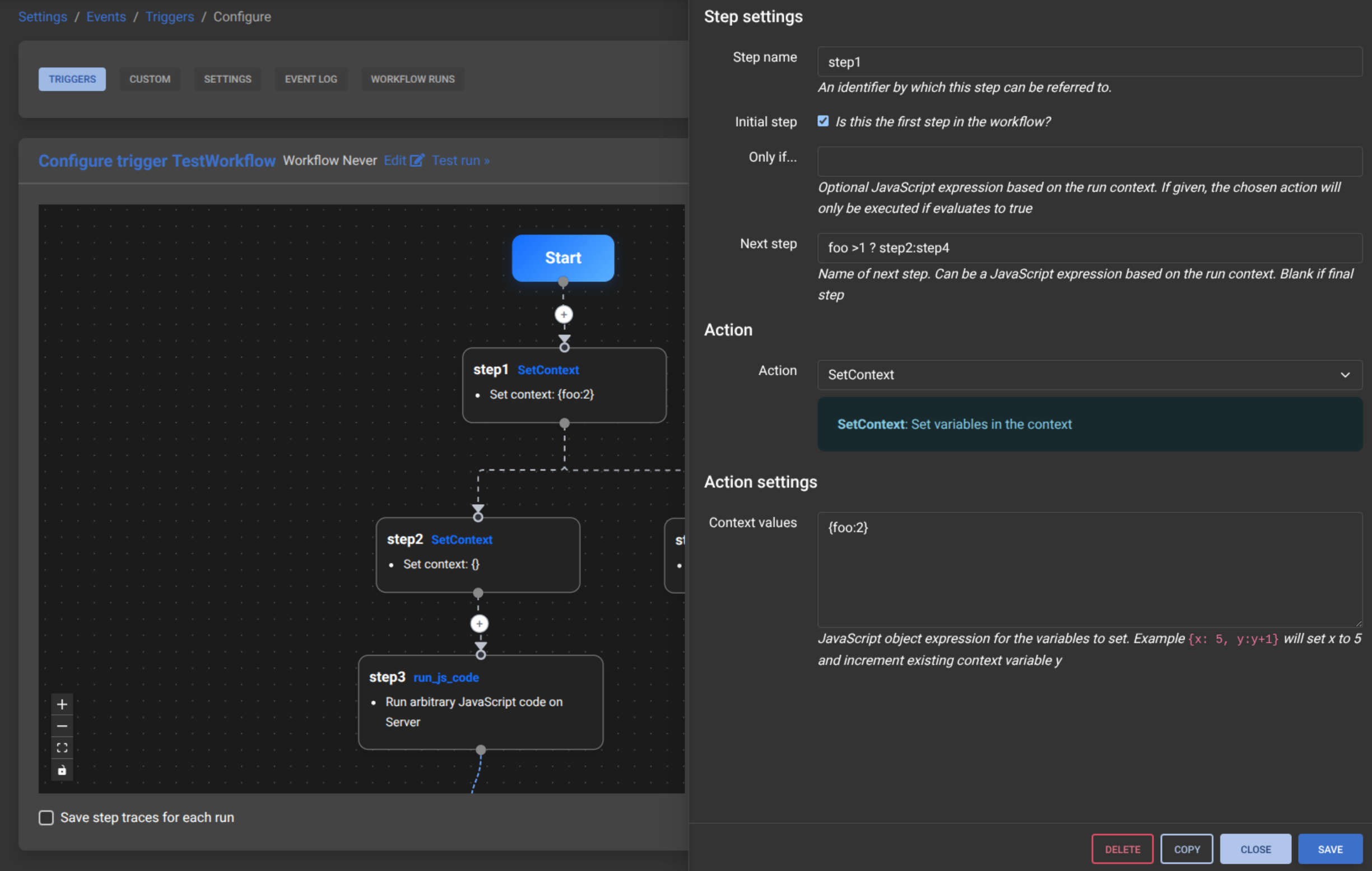 The Saltcorn workflow editor with a step open